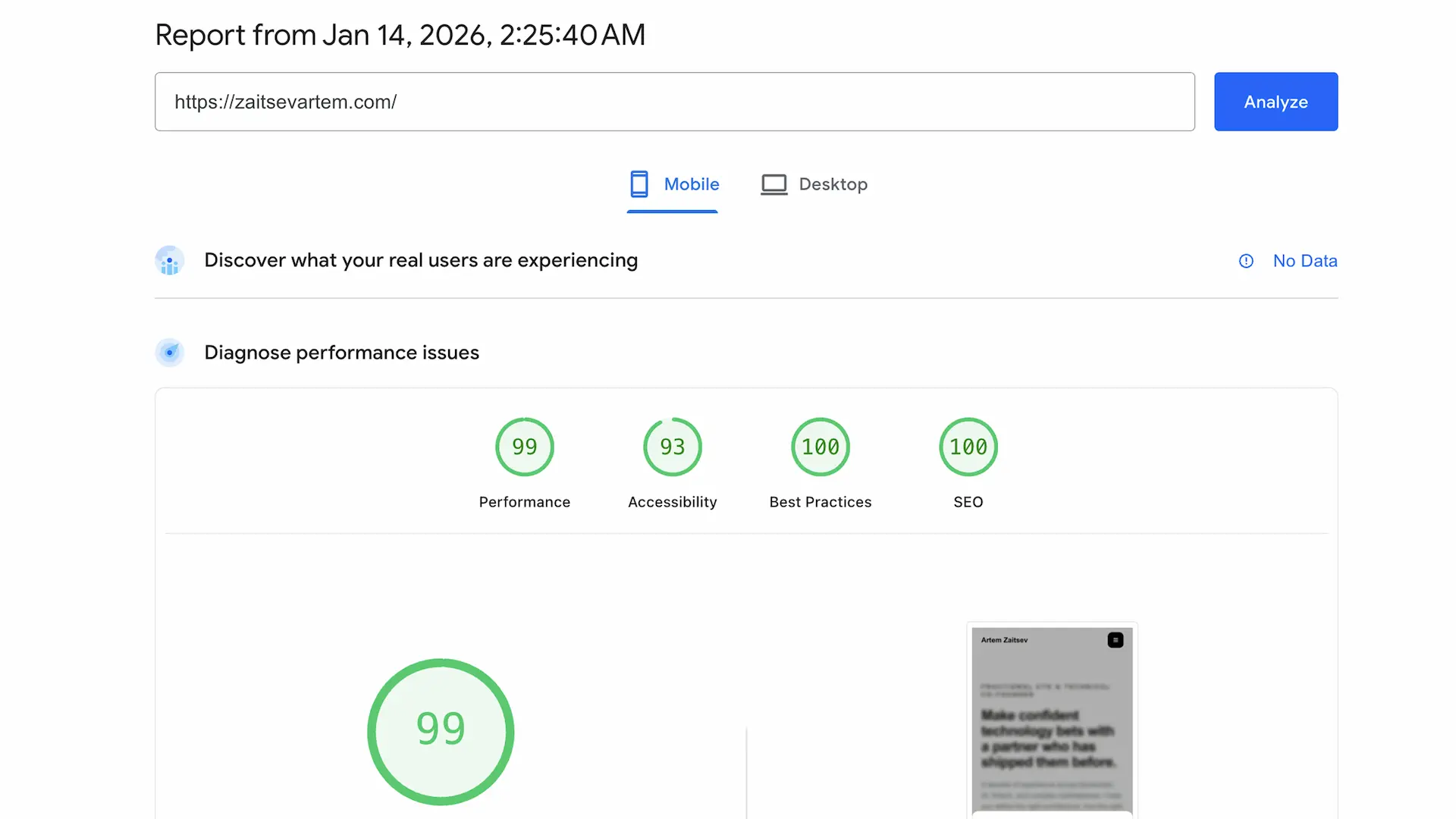 Performance report for CTO personal site