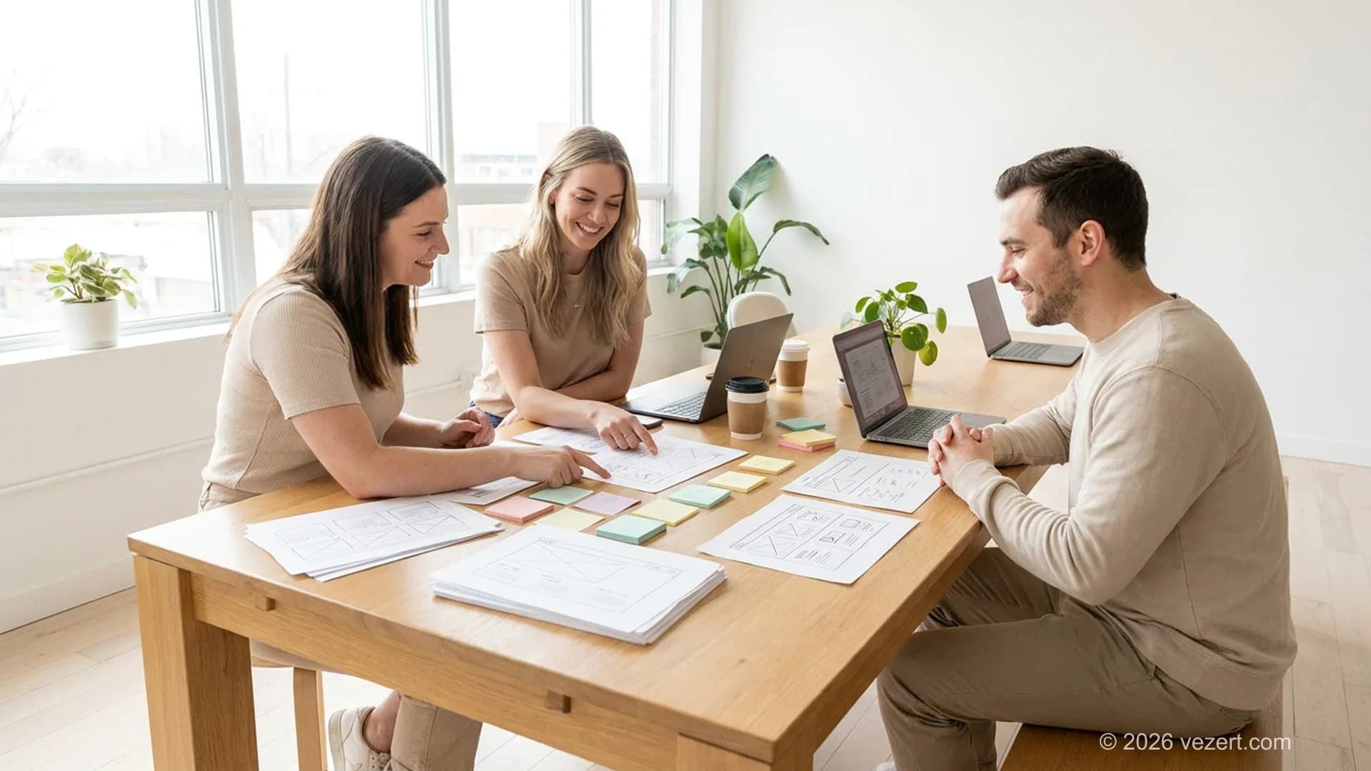 Web design agency team reviewing AI-assisted website strategy and wireframes together