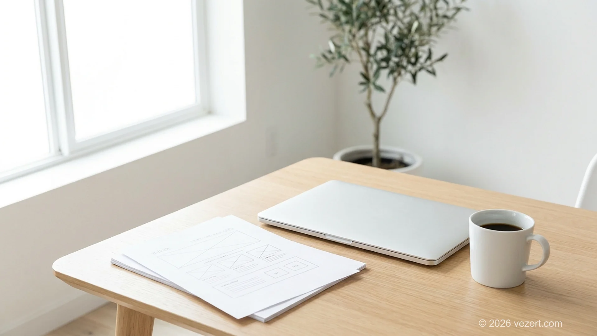Five-page brochure website structure sketched on paper next to a laptop and a coffee cup