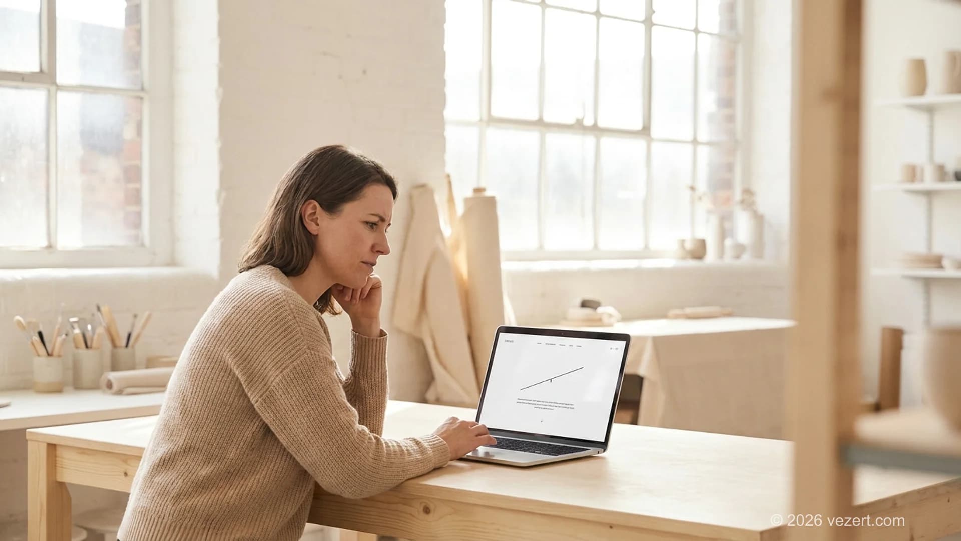 Small business owner reviewing a simple brochure website on a laptop in a workshop
