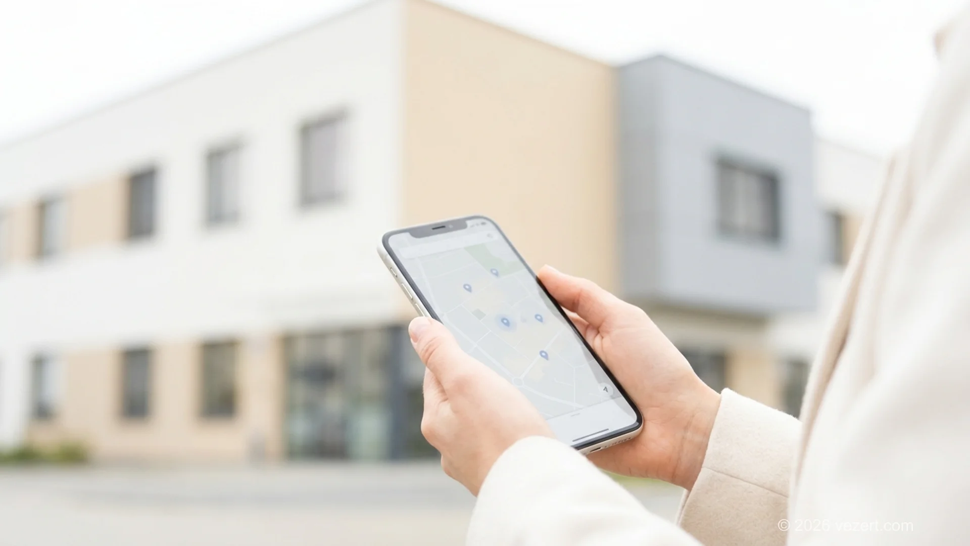 Person searching for a nearby practice on a phone with a medical building behind
