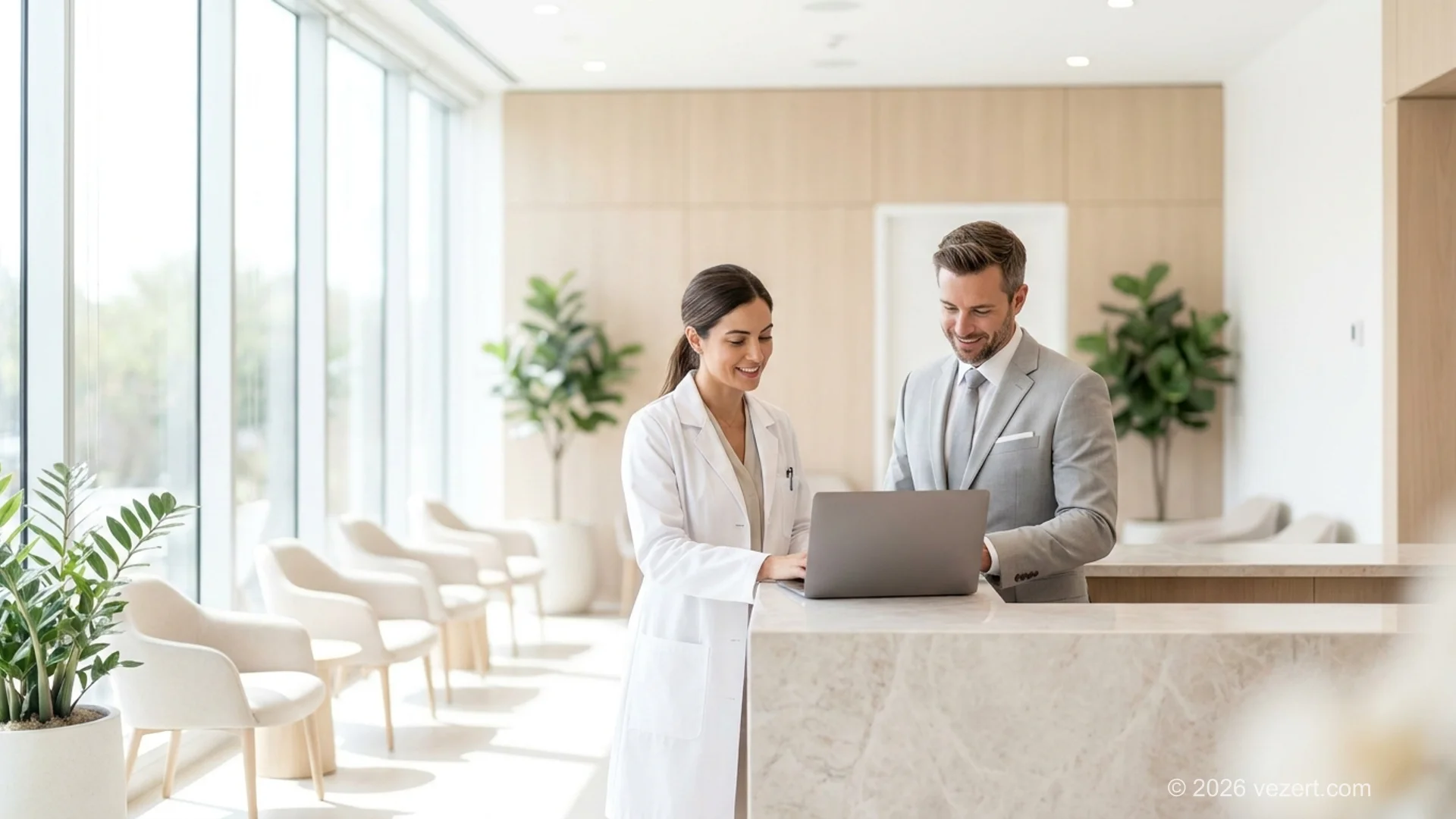 Clinician and practice manager reviewing the practice website on a screen