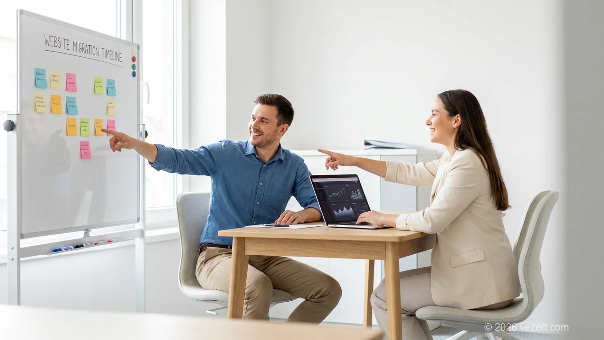 Entwickler und Marketing-Verantwortliche besprechen Website-Migrationszeitplan und Plattform-Wartungscheckliste