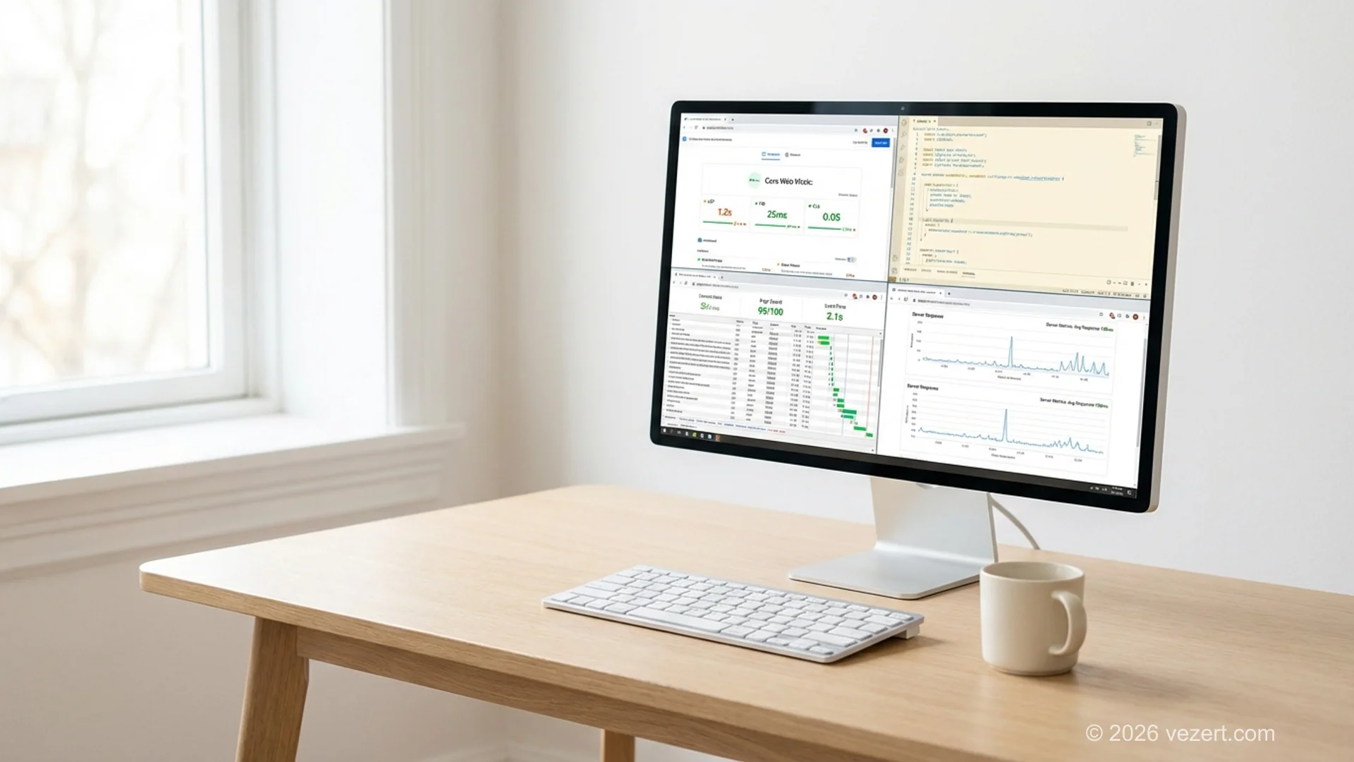 Post-launch website optimization dashboard showing Core Web Vitals scores and performance metrics