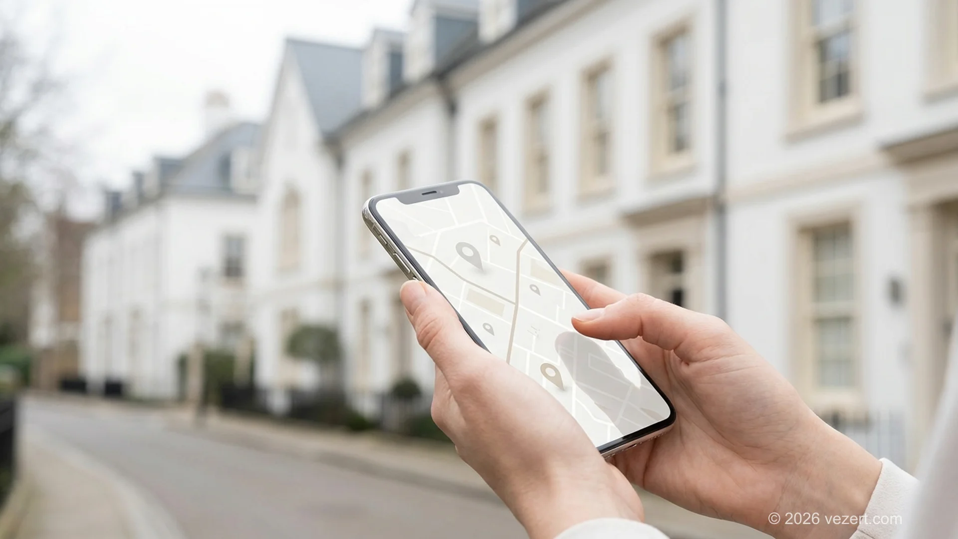 Homeowner looking up local estate agents on a phone outside a residential property