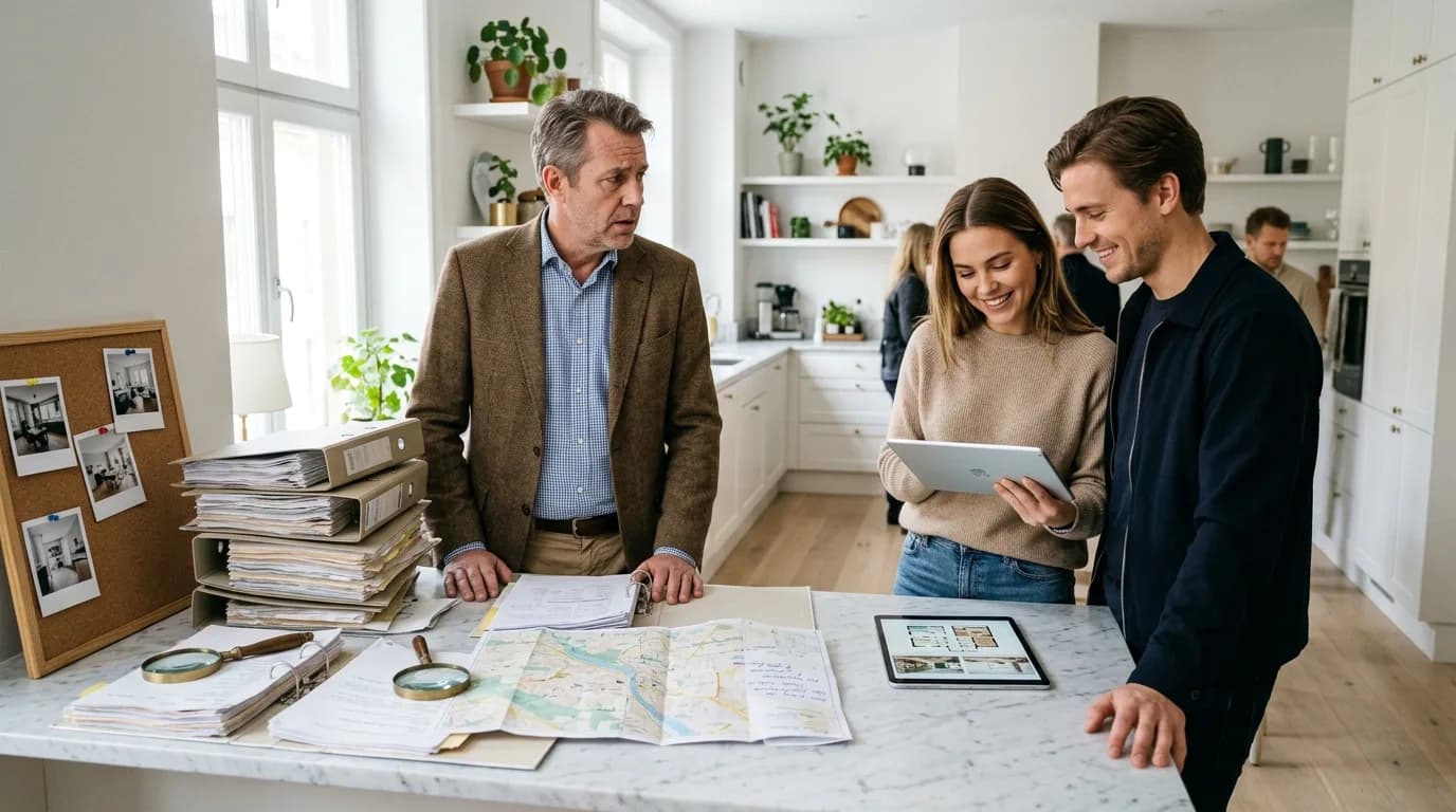Estate agent reviewing the brokerage website on a tablet in the office
