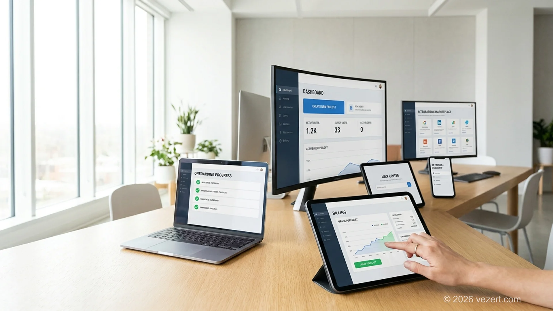 SaaS customer portal dashboard with eight UX patterns: onboarding, dashboard, billing, support, settings, integrations, documentation, status
