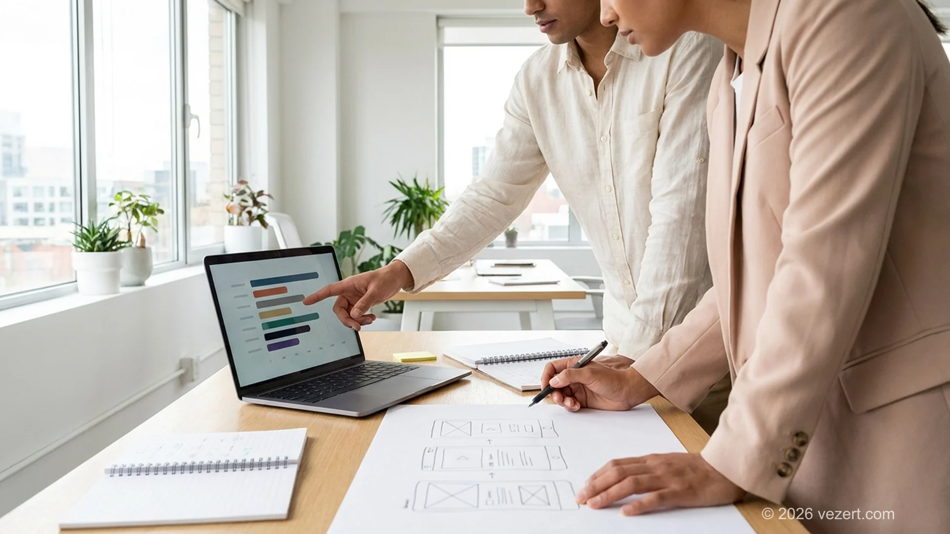 SEO-Spezialistin und Marketer prüfen Rankings und Seitenstruktur einer Landingpage am Bildschirm