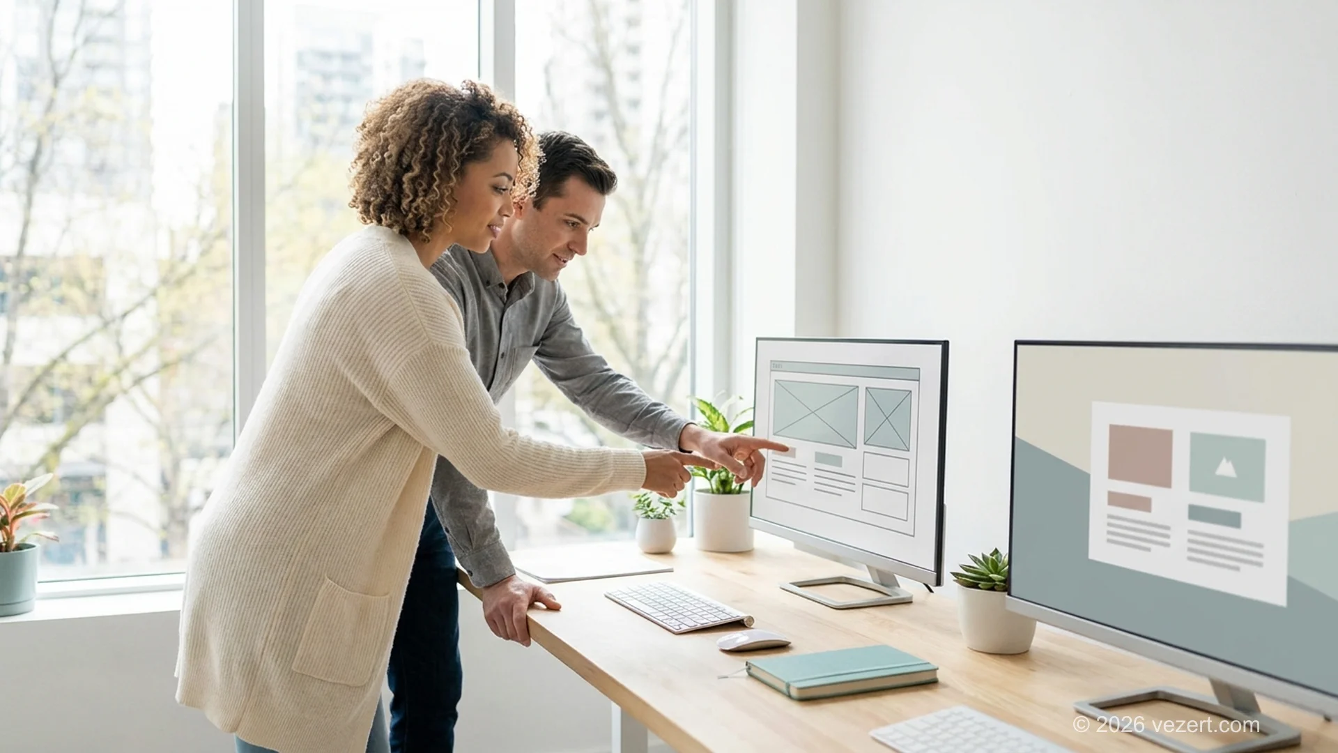 SEO-Spezialistin prüft Rankings und interne Verlinkung einer Landingpage am Bildschirm
