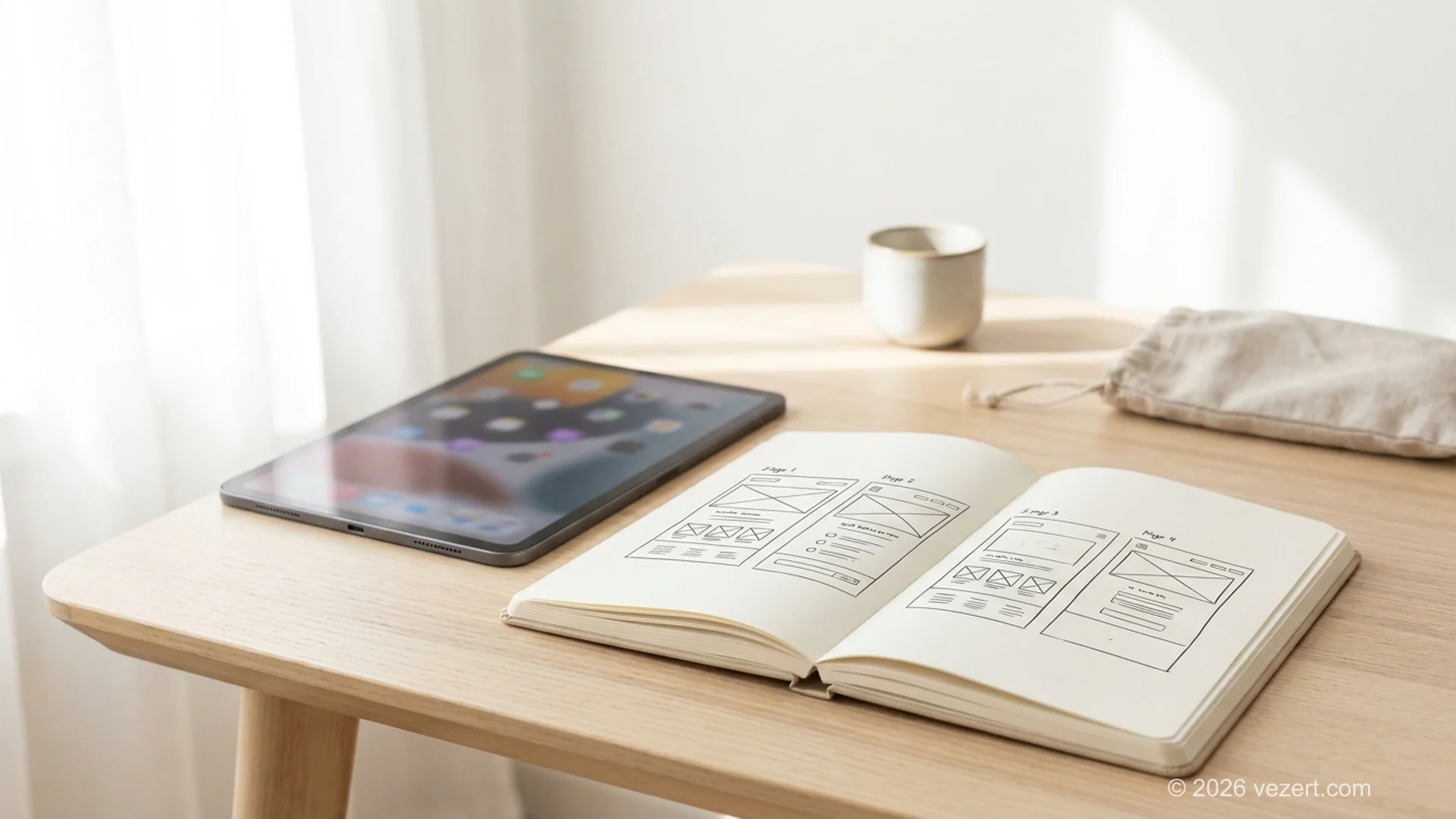 Plan van een zzp-website van vijf pagina's geschetst in een notitieboek naast een tablet