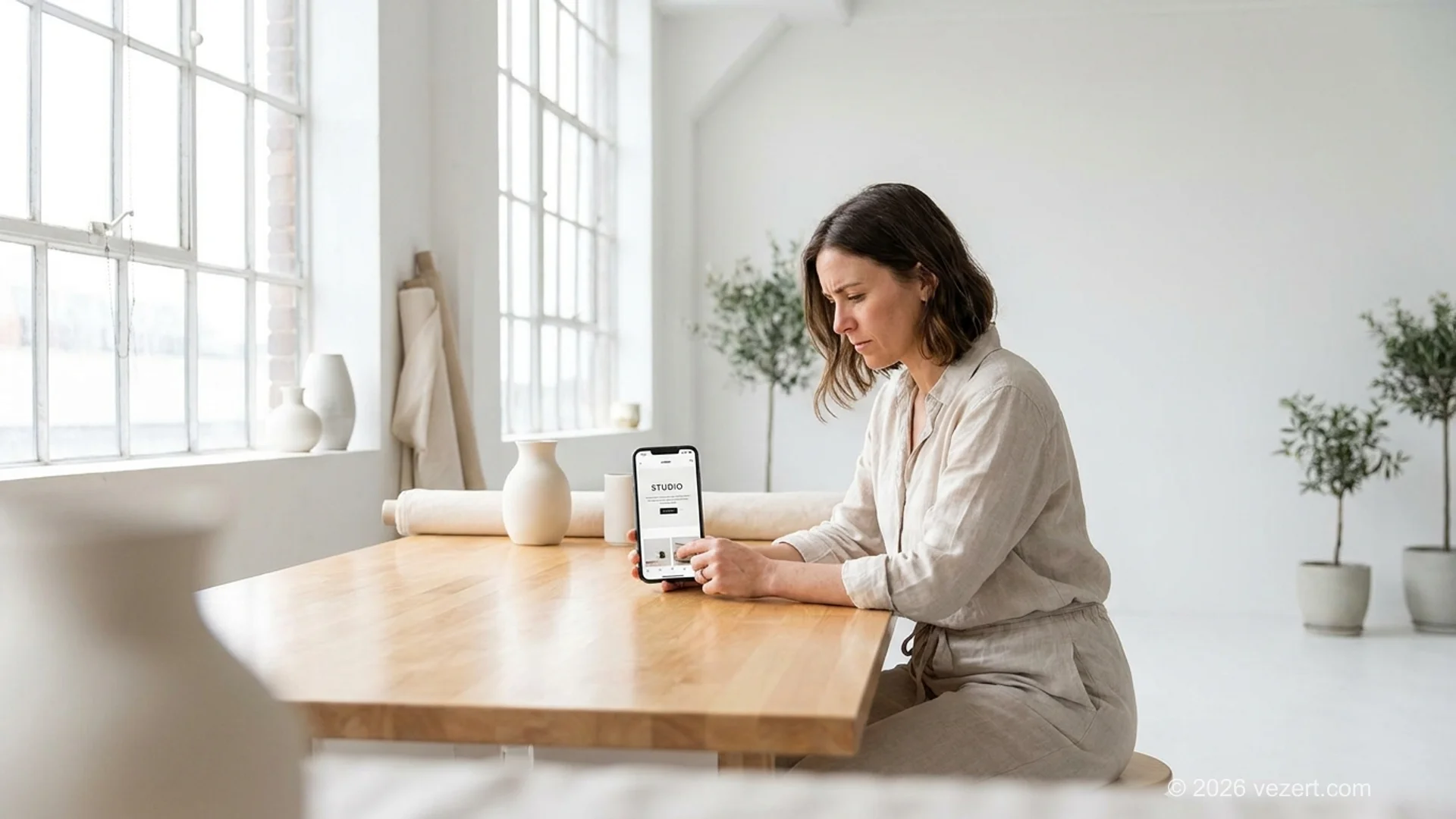 Zzp'er bekijkt de website van zijn bedrijf op een telefoon in de werkplaats