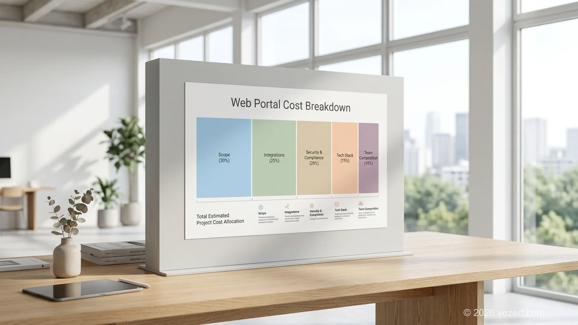 Web portal development cost three-tier visualization with Simple Mid Enterprise pricing ranges and timeline overlay