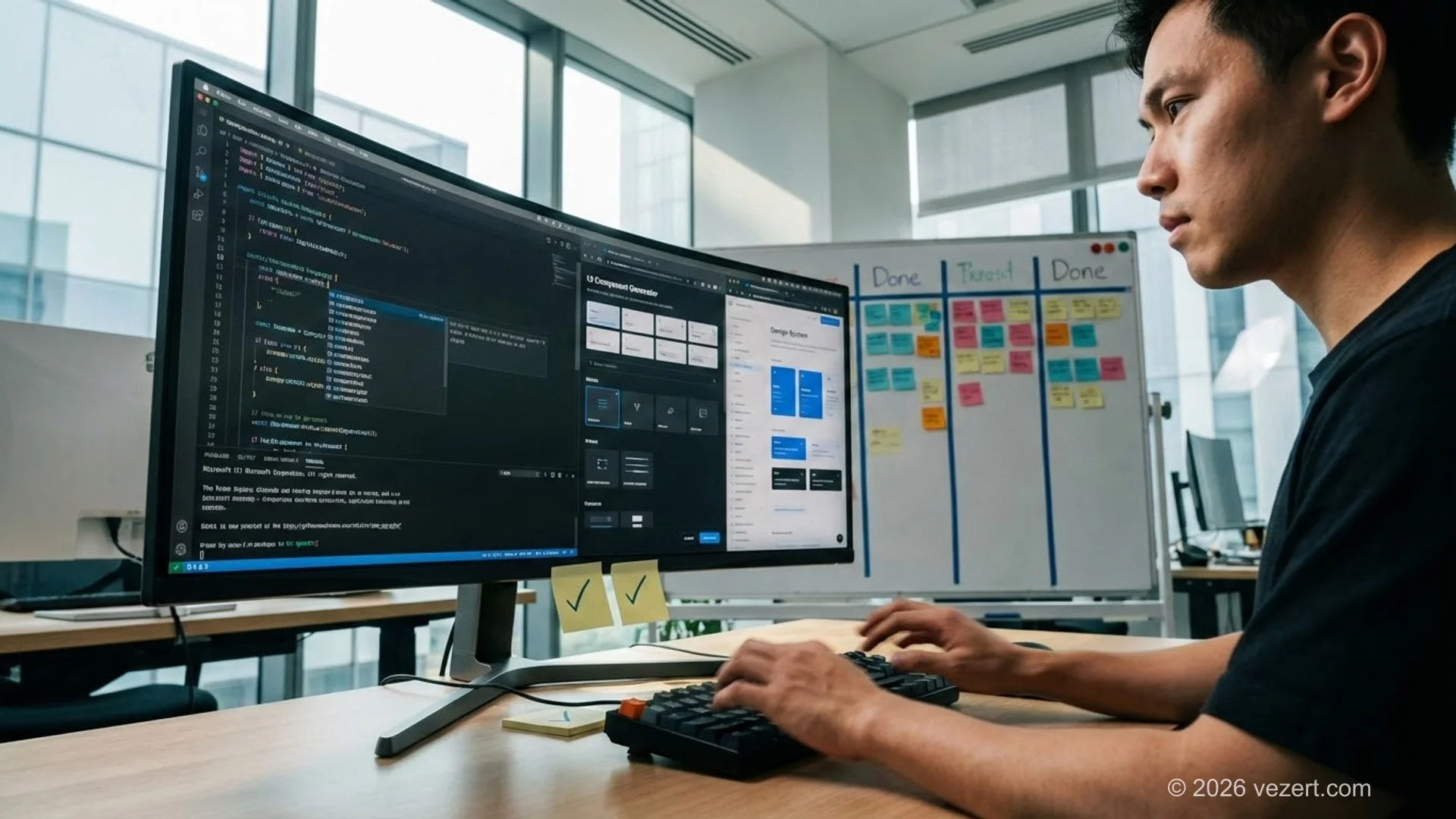 Developer working with AI-assisted tools on ultrawide monitor, showcasing rapid Next.js development workflow