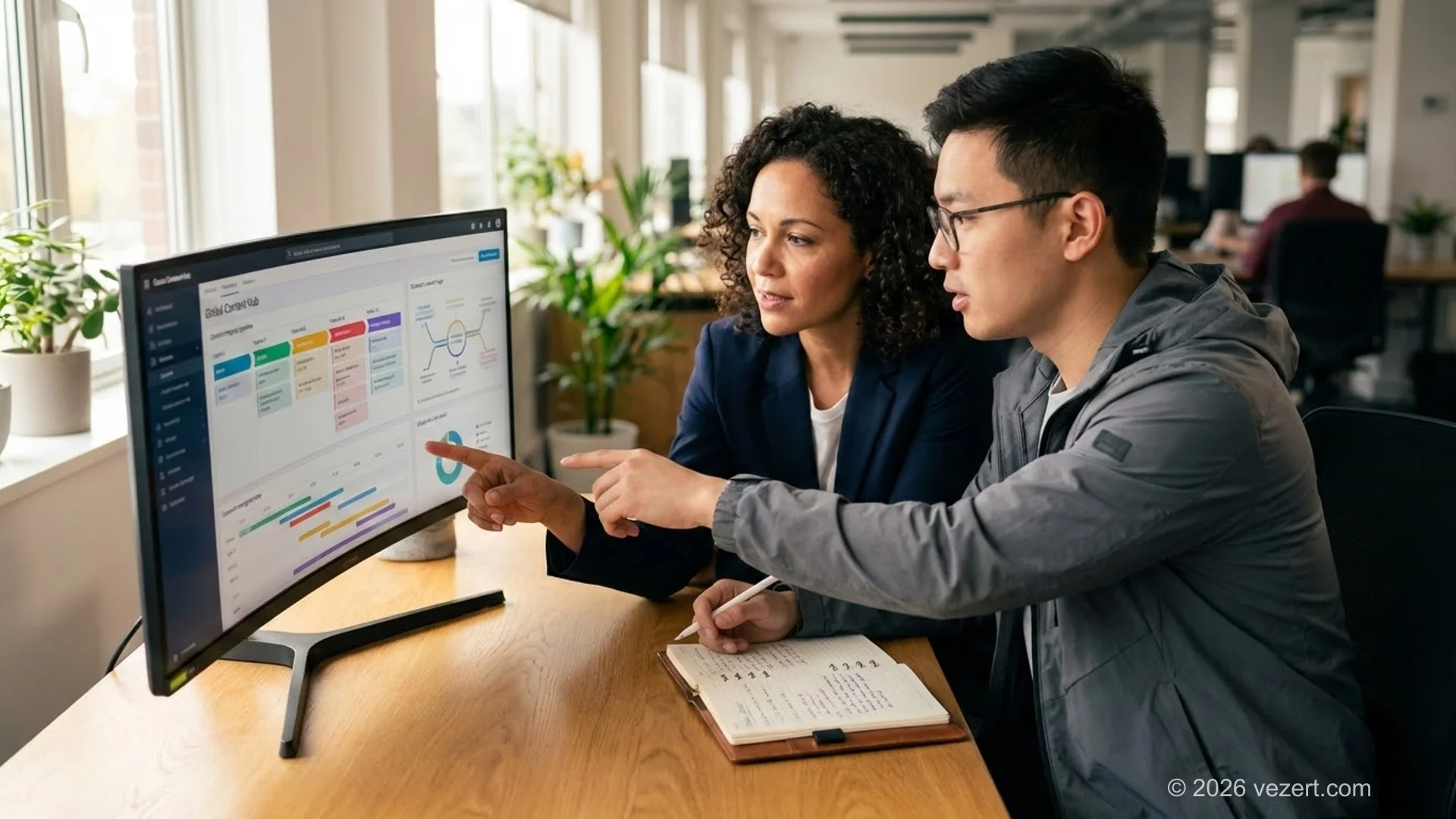 Content strategist and developer collaborating on a CMS dashboard with multilingual content pipeline