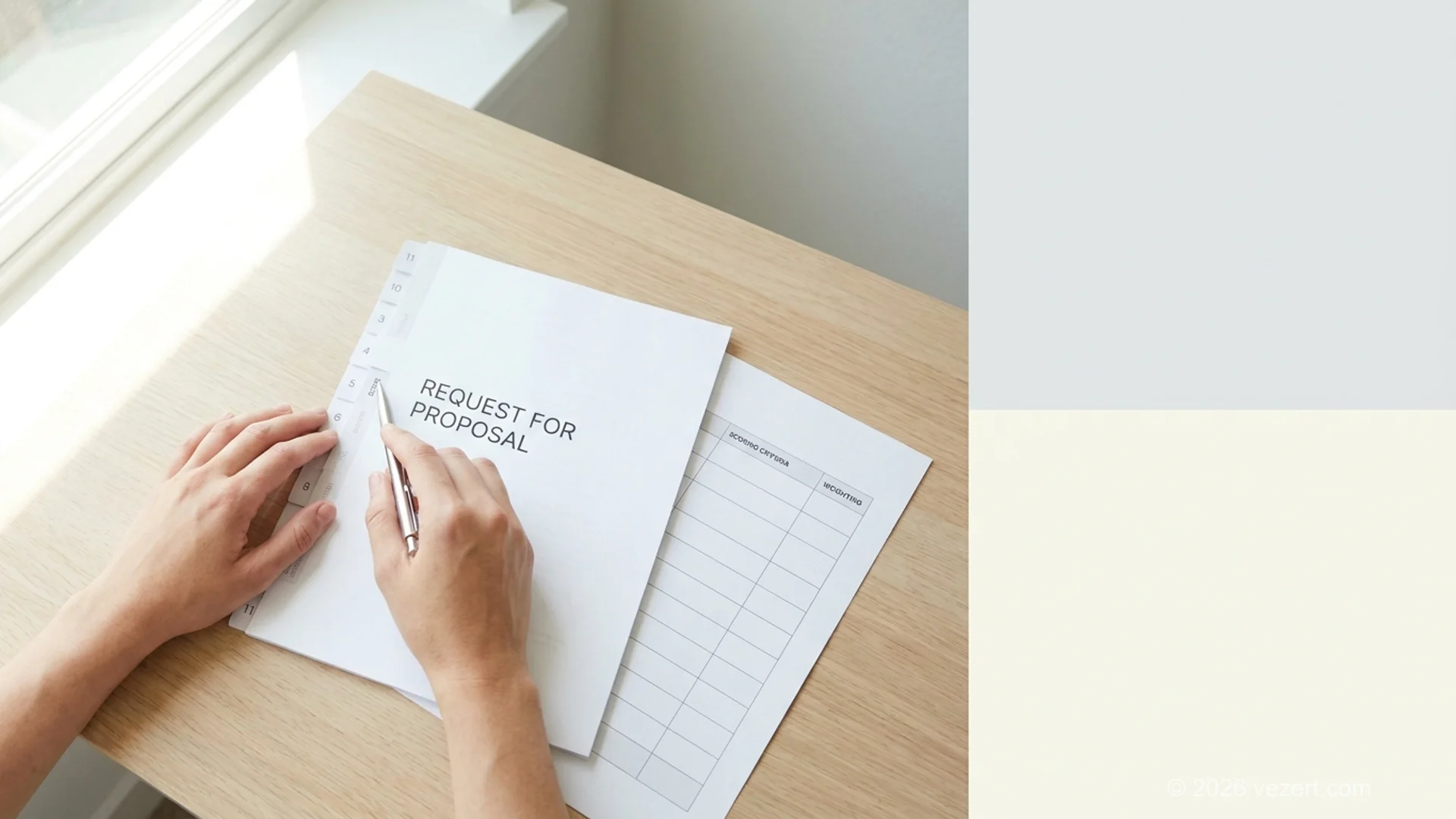 Website redesign RFP template structure with eleven numbered sections on a planning desk