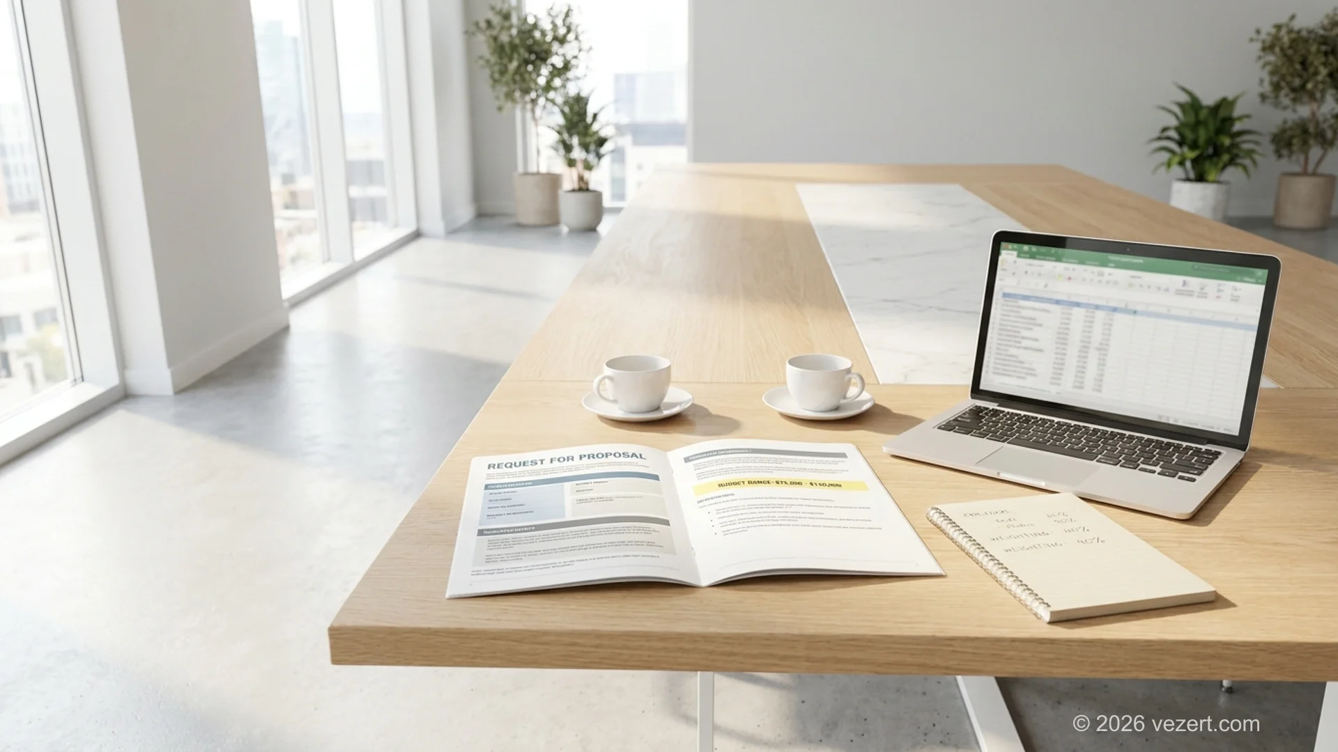 Website redesign RFP document with scope and budget sections on a meeting table