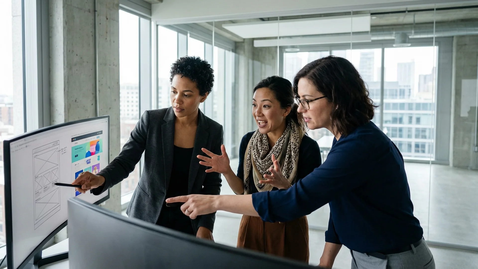 Modern web design team collaborating on a project