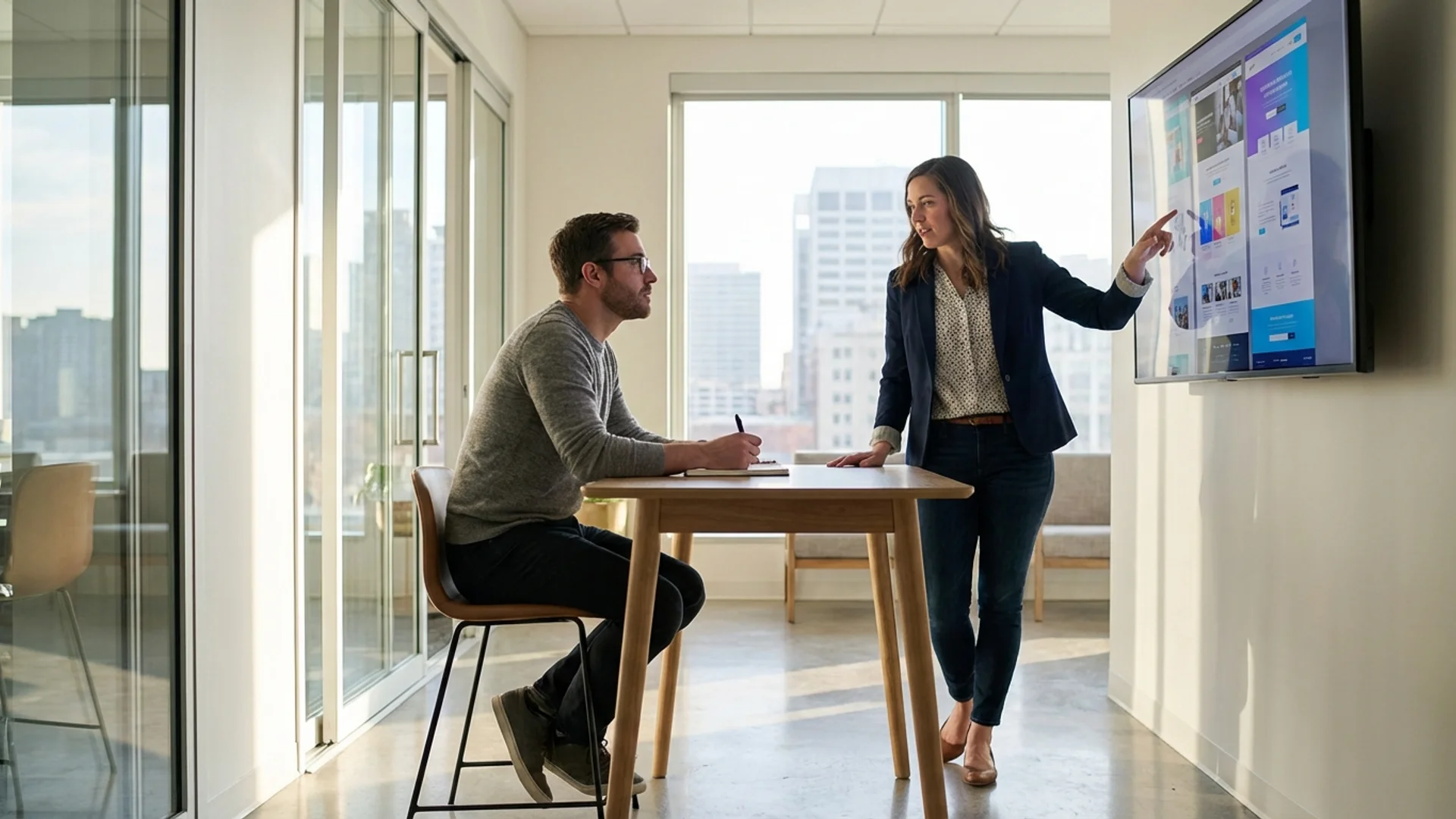 Professional web designer presenting design concepts to client